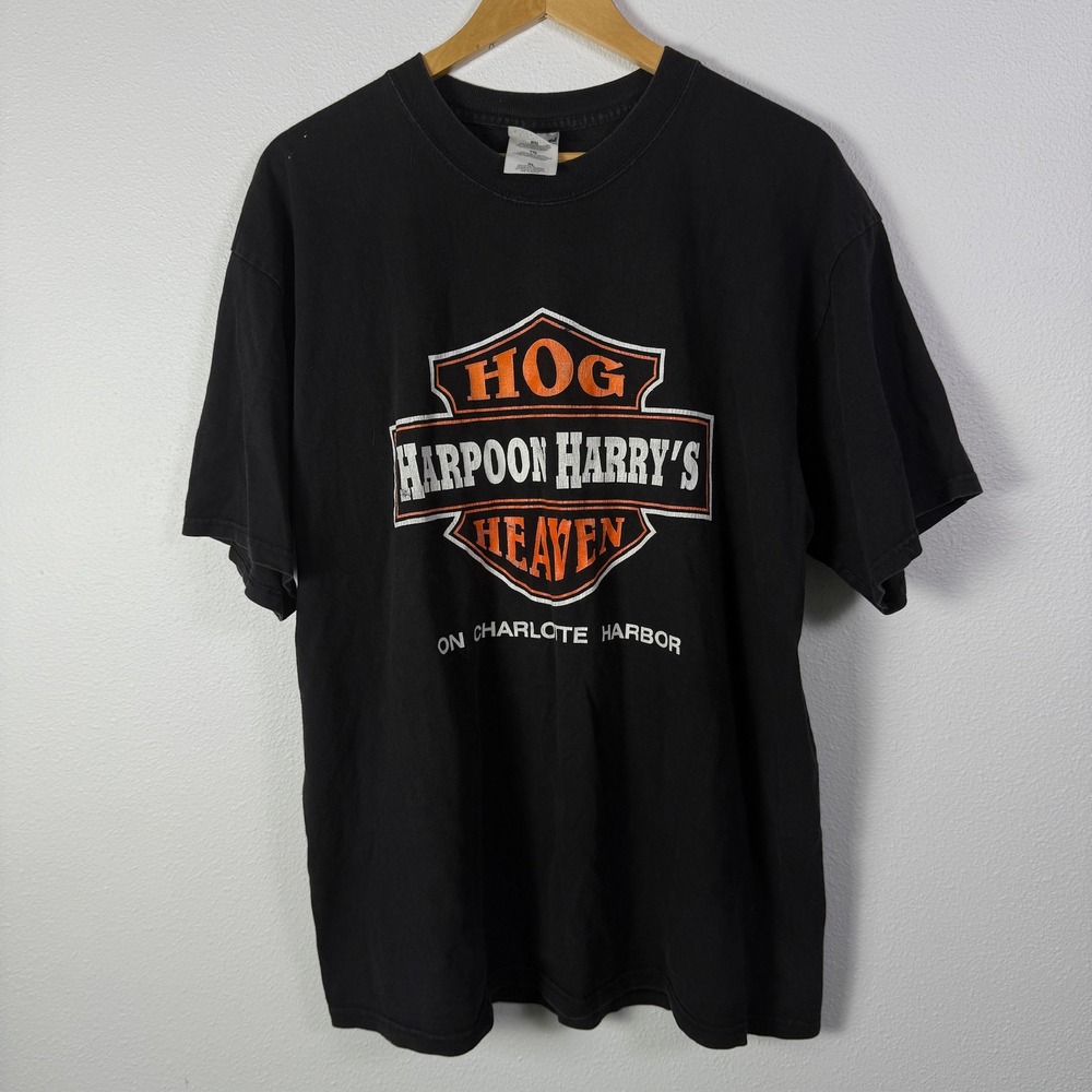 Y2K Harley T-Shirt Mens XL Black Excellent Harpoon Harrys HOG Heaven Graphic Tee